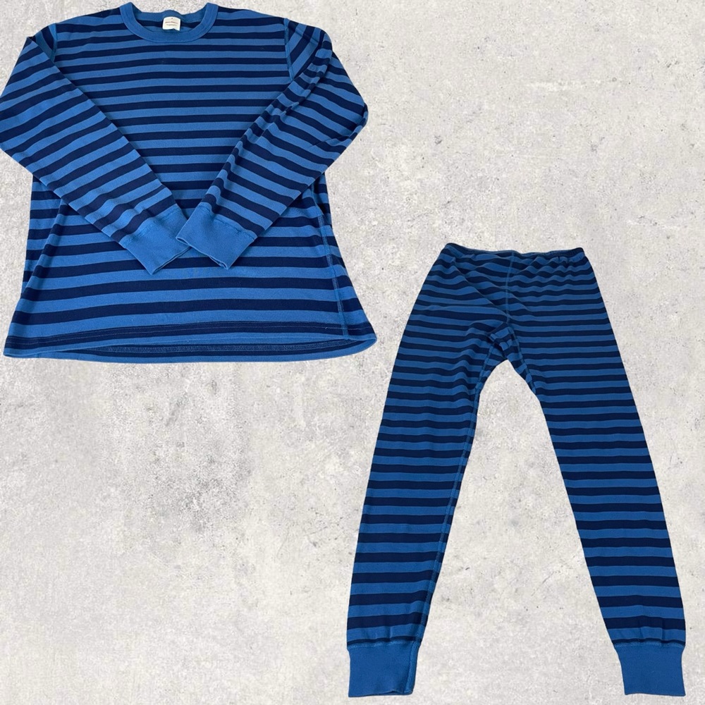 Hanna Andersson Blue Striped Organic Cotton Pajama Set Medium Adult Top Pants - Picture 1 of 13